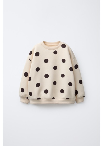 Kız Çocuk Pamuklu Bej Puantiye Desenli Sweatshirt Tayt Alt-Üst Takım fiyatları