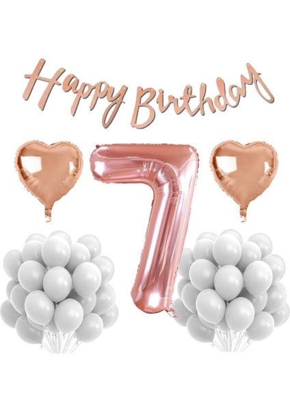 Rose Gold Konsept 7 Yaş Doğum Günü Kutlama Seti; Beyaz Pastel Balon, Rakam Kalp Folyo ve Banner
