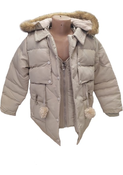 Kız Çocuk Önü Fermuarlı ve Çıt Çıtlı Ponpon Detaylı Çıkarılabilir Tüylü Kapüşonlu Peluş Astarlı Mont 3018