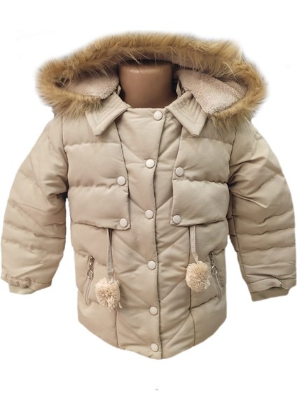 Kız Çocuk Önü Fermuarlı ve Çıt Çıtlı Ponpon Detaylı Çıkarılabilir Tüylü Kapüşonlu Peluş Astarlı Mont 3018 fiyatları