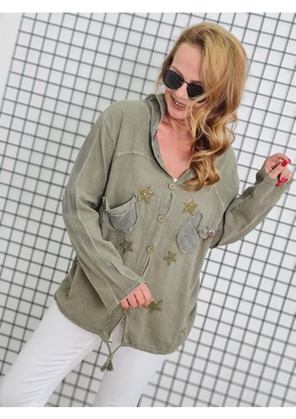 Kadın Keten Gömlek Hırka Haki Kapüşonlu Yıldız Desenli Premium Kumaş %100 Pamuk