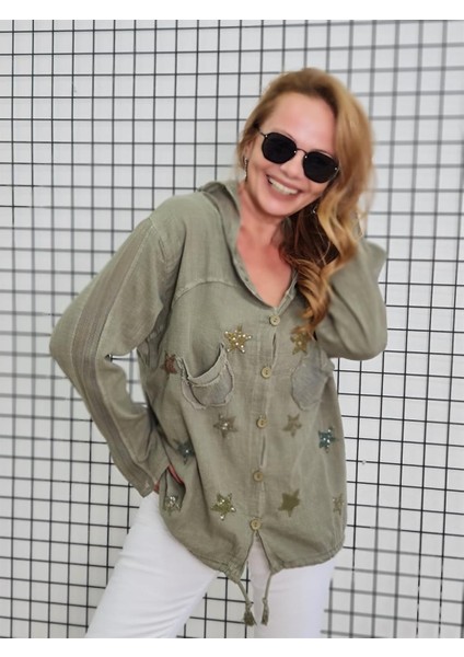 Kadın Keten Gömlek Hırka Haki Kapüşonlu Yıldız Desenli Premium Kumaş %100 Pamuk modelleri