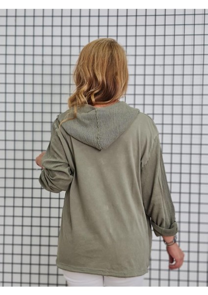 Kadın Keten Gömlek Hırka Haki Kapüşonlu Yıldız Desenli Premium Kumaş %100 Pamuk fırsatları