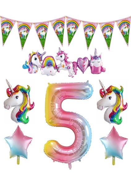 Unicorn Temalı Gökkuşağı 5 Yaş Folyo Balon Seti