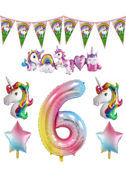 Unicorn Temalı Gökkuşağı 6 Yaş Folyo Balon Seti