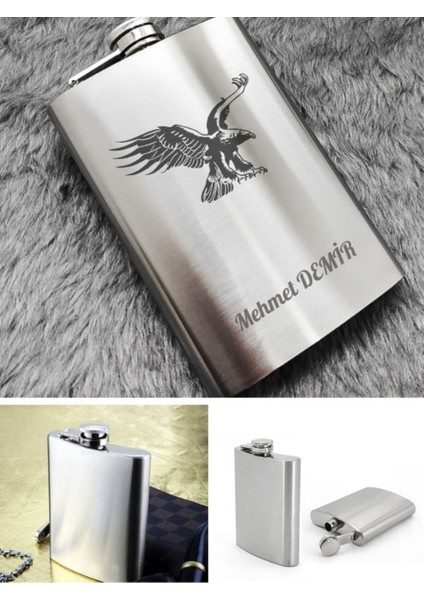 Vip Hediye Isime Kişiye Özel 9 Oz Çelik Cep Matarası Kartal Temalı 266 ml Içecek Matarası