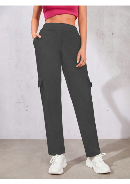 Kadın Antrasit Beli Lastikli Düz Paça Kargo Pantolon