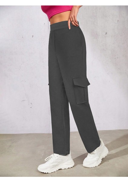 Kadın Antrasit Beli Lastikli Düz Paça Kargo Pantolon modelleri