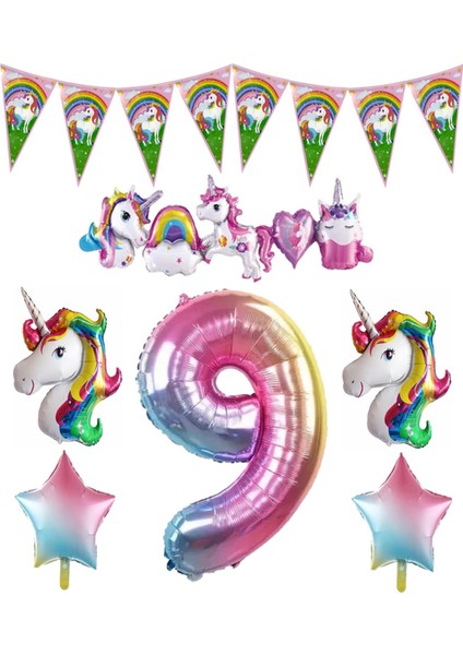 Unicorn Temalı Gökkuşağı 9 Yaş Folyo Balon Seti