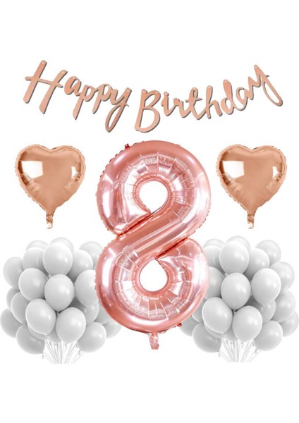 Rose Gold Konsept 8 Yaş Doğum Günü Kutlama Seti; Beyaz Pastel Balon, Rakam Kalp Folyo ve Banner