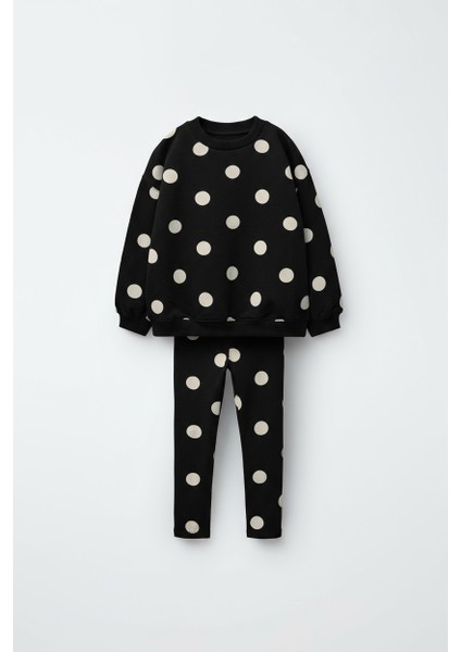 Kız Çocuk Pamuklu Siyah Puantiye Desenli Sweatshirt Tayt Alt-Üst Takım