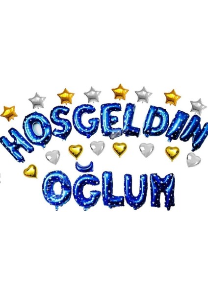 Kalpli Hoşgeldin Oğlum Temalı Mavi Renk Set Balon