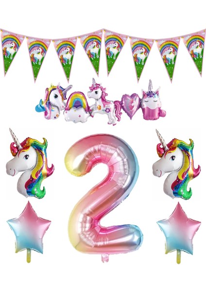 Unicorn Temalı Gökkuşağı 2 Yaş Folyo Balon Seti