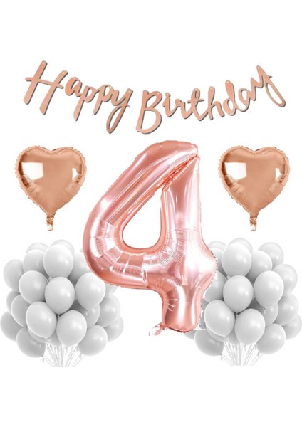 Rose Gold Konsept 4 Yaş Doğum Günü Kutlama Seti; Beyaz Pastel Balon, Rakam Kalp Folyo ve Banner