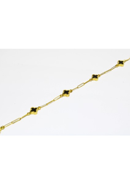 14 Ayar Altın 5 Yoncalı Siyah Taşlı Bileklik