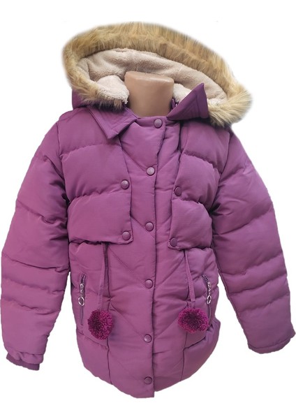 Kız Çocuk Önü Fermuarlı ve Çıt Çıtlı Ponpon Detaylı Çıkarılabilir Tüylü Kapüşonlu Peluş Astarlı Mont 3018