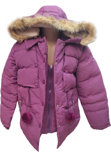 Kız Çocuk Önü Fermuarlı ve Çıt Çıtlı Ponpon Detaylı Çıkarılabilir Tüylü Kapüşonlu Peluş Astarlı Mont 3018 fiyatları
