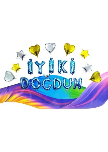 Kalpli Iyiki Doğdun Yazılı Mavi Renk Set Balon