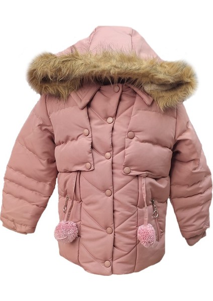 Kız Çocuk Önü Fermuarlı ve Çıt Çıtlı Ponpon Detaylı Çıkarılabilir Tüylü Kapüşonlu Peluş Astarlı Mont 3018