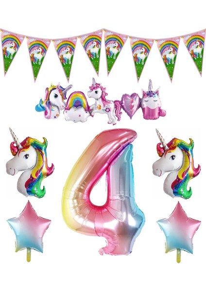 Unicorn Temalı Gökkuşağı 4 Yaş Folyo Balon Seti
