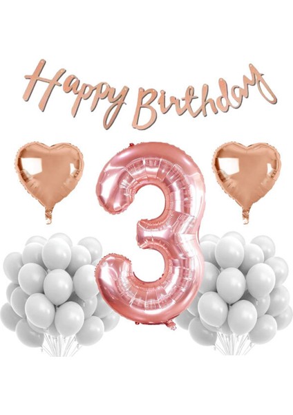 Rose Gold Konsept 3 Yaş Doğum Günü Kutlama Seti; Beyaz Pastel Balon, Rakam Kalp Folyo ve Banner