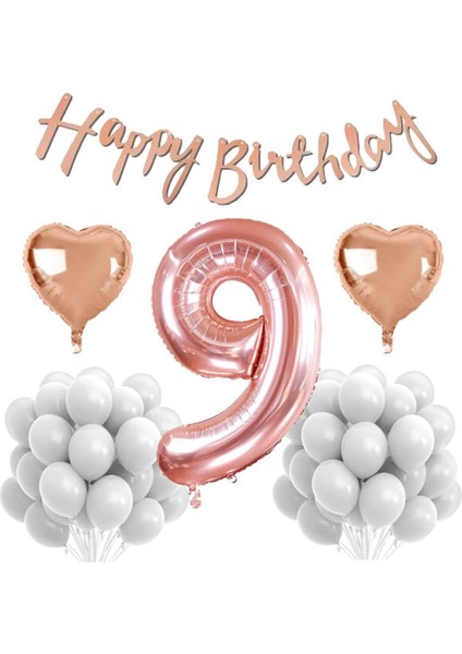 Rose Gold Konsept 9 Yaş Doğum Günü Kutlama Seti; Beyaz Pastel Balon, Rakam Kalp Folyo ve Banner