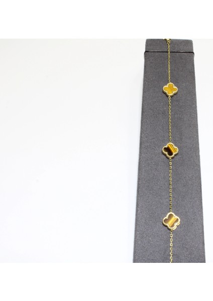 14 Ayar Altın 3 Yoncalı Kahverengi Taşlı Bileklik fiyatları