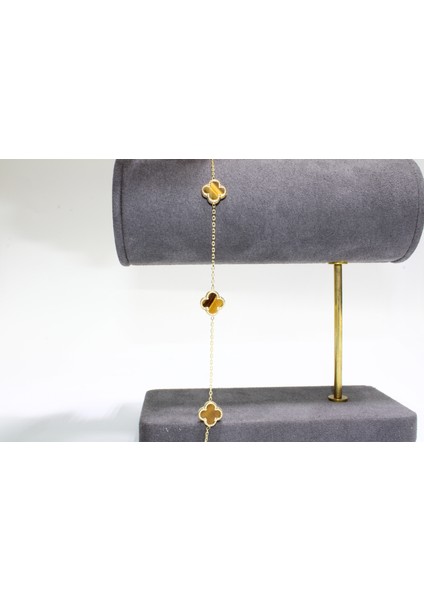 14 Ayar Altın 3 Yoncalı Kahverengi Taşlı Bileklik modelleri