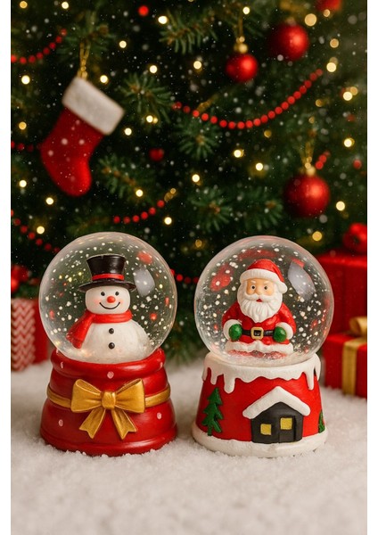 Yeni Yılın En Güzel Hediyesi Yılbaşı 2 Adet LED Işıklı 6,5 Cm noel Baba Kardan Adam Kar Küresi Seti