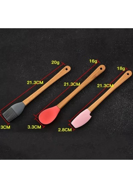 5&amp;#39;li Renkli Ahşap Saplı Silikon Uçlu Spatula Fırçalı Kaşık Seti -Yemek Hazırlık Seti 21 cm indirimleri