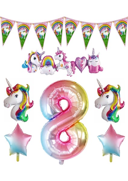 Unicorn Temalı Gökkuşağı 8 Yaş Folyo Balon Seti