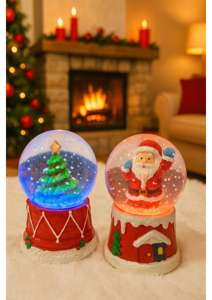 Yeni Yılın En Güzel Hediyesi Yılbaşı 2 Adet LED Işıklı 6,5 cm Noel Baba Yılbaşı Çam Ağacı Kar Küresi