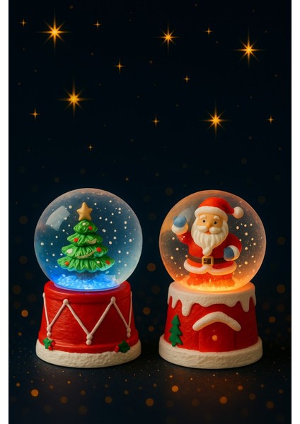Yeni Yılın En Güzel Hediyesi Yılbaşı 2 Adet LED Işıklı 6,5 cm Noel Baba Yılbaşı Çam Ağacı Kar Küresi fiyatları