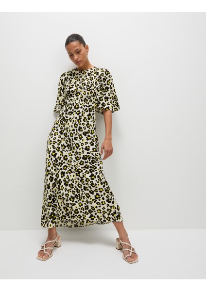 Desenli Yuvarlak Yaka Midi Elbise
