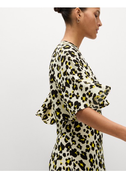 Desenli Yuvarlak Yaka Midi Elbise