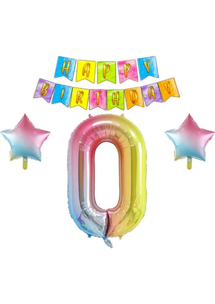 Gökkuşağı Konsepti 0 Yaş Doğum Günü Parti Kutlama Seti; Rakam ve Yıldız Folyo, Banner