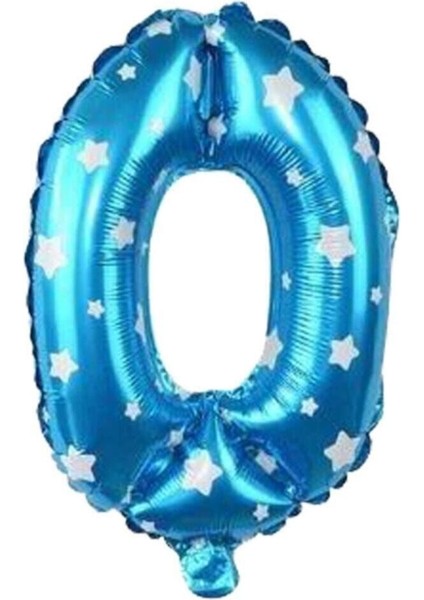 Folyo Balon 0 Rakam Mavi Renkli, Yıldız Desenli 16 Inç (40 Cm)
