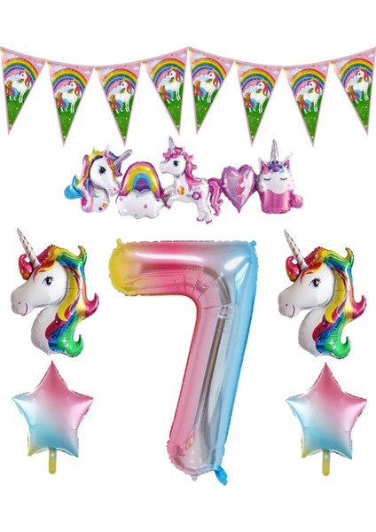 Unicorn Temalı Gökkuşağı 7 Yaş Folyo Balon Seti