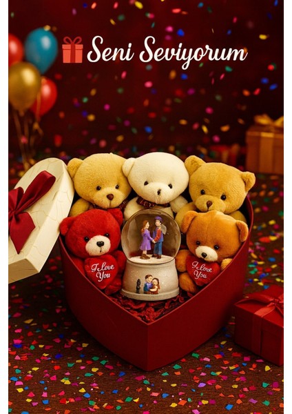 Seni Seviyorum Hediye Kutusu sevgiliye Özel Romantik Kalpli Kutuda Ayıcık ve Kar Küresi hediye Seti