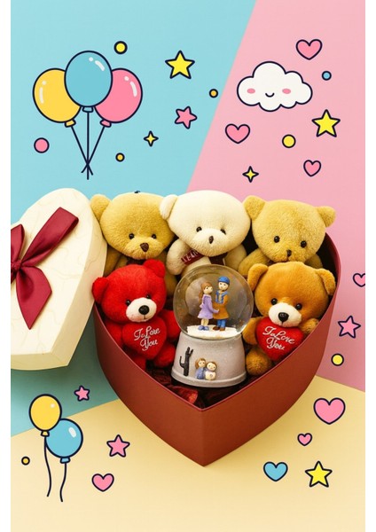 Seni Seviyorum Hediye Kutusu sevgiliye Özel Romantik Kalpli Kutuda Ayıcık ve Kar Küresi hediye Seti fiyatları