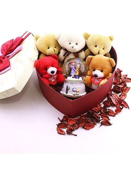 Seni Seviyorum Hediye Kutusu sevgiliye Özel Romantik Kalpli Kutuda Ayıcık ve Kar Küresi hediye Seti modelleri