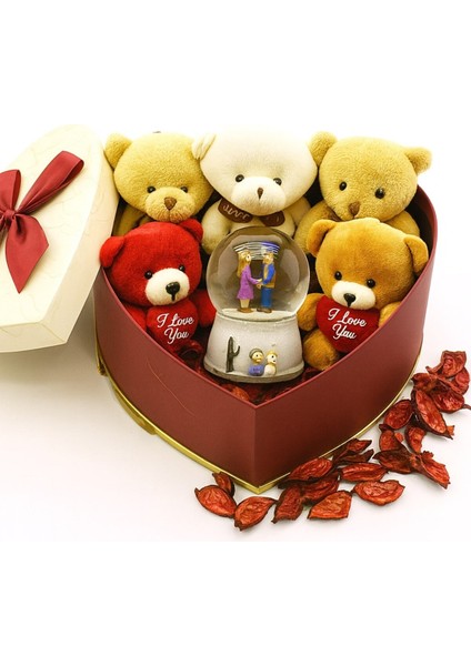 Seni Seviyorum Hediye Kutusu sevgiliye Özel Romantik Kalpli Kutuda Ayıcık ve Kar Küresi hediye Seti