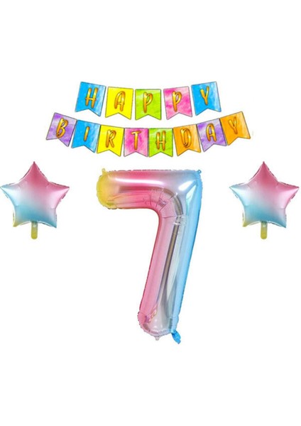 Gökkuşağı Konsepti 7 Yaş Doğum Günü Parti Kutlama Seti; Rakam ve Yıldız Folyo, Banner