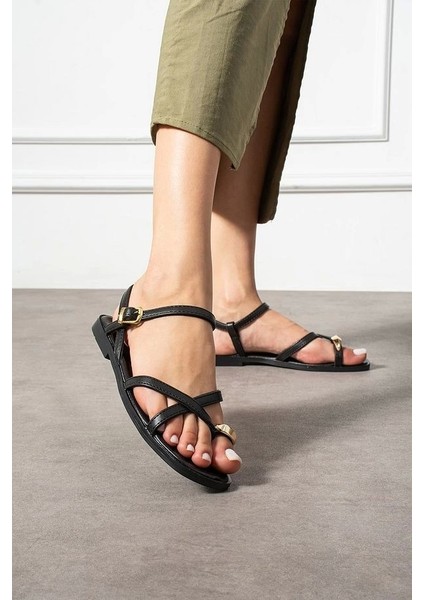 Nordi Siyah Cilt Kemerli Sandalet
