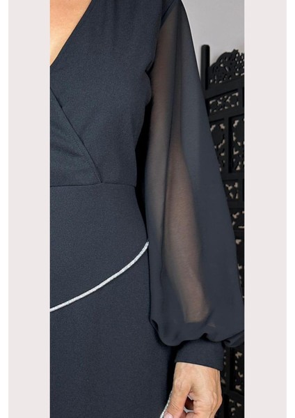 G1546 Kruvaze Yaka Taş Detaylı Elbise Siyah fırsatları