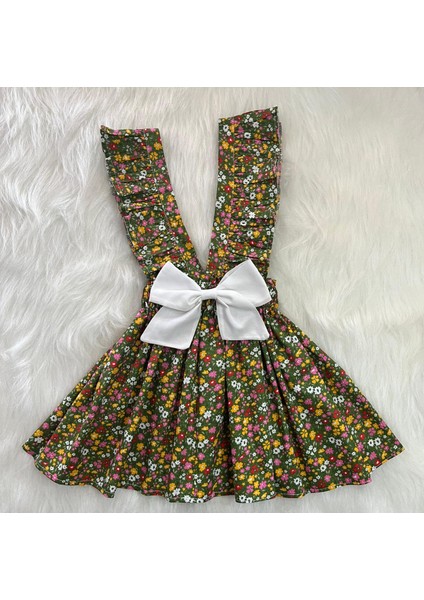 Kız Çocuk Çimen Yeşili Çiçekli Fırfır Askılı Salopet Elbise (%100 Pamuk Kumaştan Üretilmiştir.)