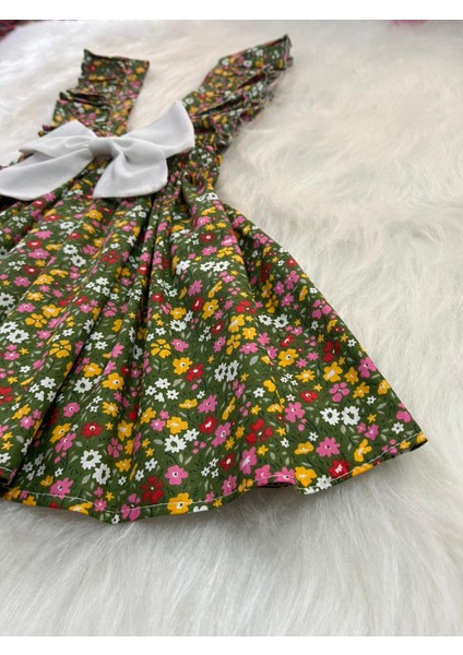 Kız Çocuk Çimen Yeşili Çiçekli Fırfır Askılı Salopet Elbise (%100 Pamuk Kumaştan Üretilmiştir.) fiyatları