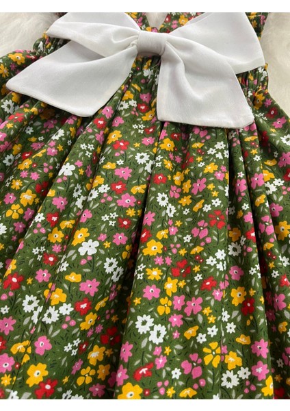 Kız Çocuk Çimen Yeşili Çiçekli Fırfır Askılı Salopet Elbise (%100 Pamuk Kumaştan Üretilmiştir.) modelleri