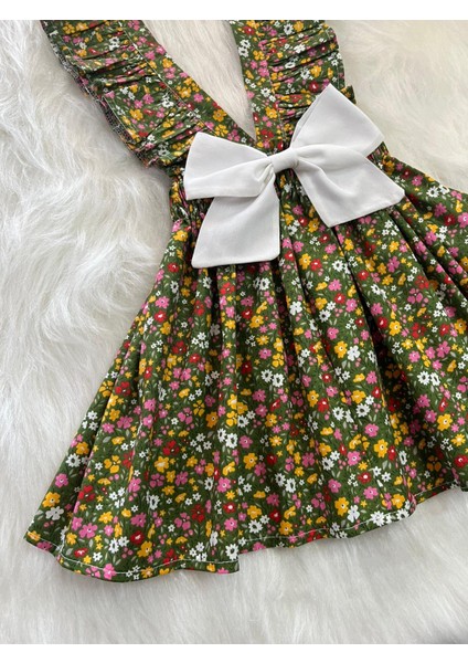 Kız Çocuk Çimen Yeşili Çiçekli Fırfır Askılı Salopet Elbise (%100 Pamuk Kumaştan Üretilmiştir.) fırsatları