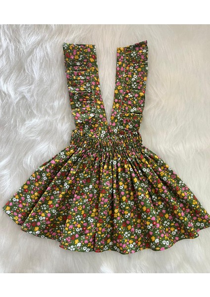 Kız Çocuk Çimen Yeşili Çiçekli Fırfır Askılı Salopet Elbise (%100 Pamuk Kumaştan Üretilmiştir.) indirimleri